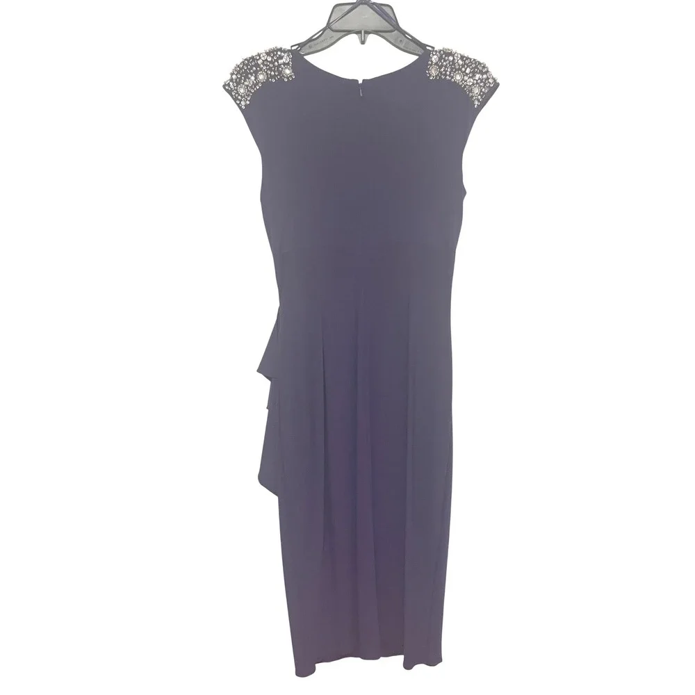 Alex Evenings Cocktail‎ Dress Royal Blue Jersey Beaded Shoulder Draped Formal